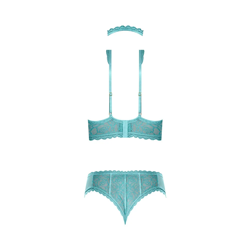 Magic Silk Soft Petals Floral Mesh Cupless Bra with Split Crotch & Peek-A-Boo Cutout Panty Aqua