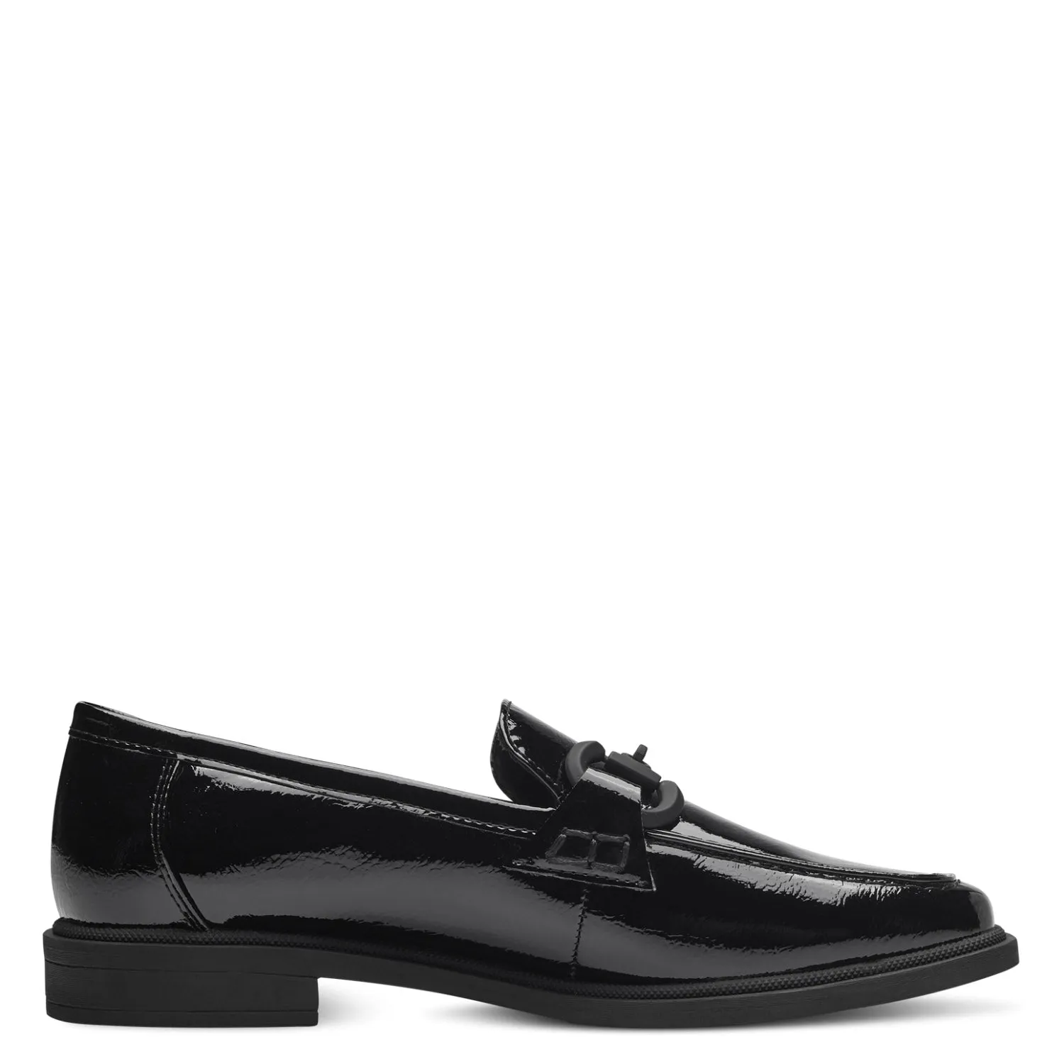 Marco Tozzi Vegan Black Patent Loafers with Chain Detail