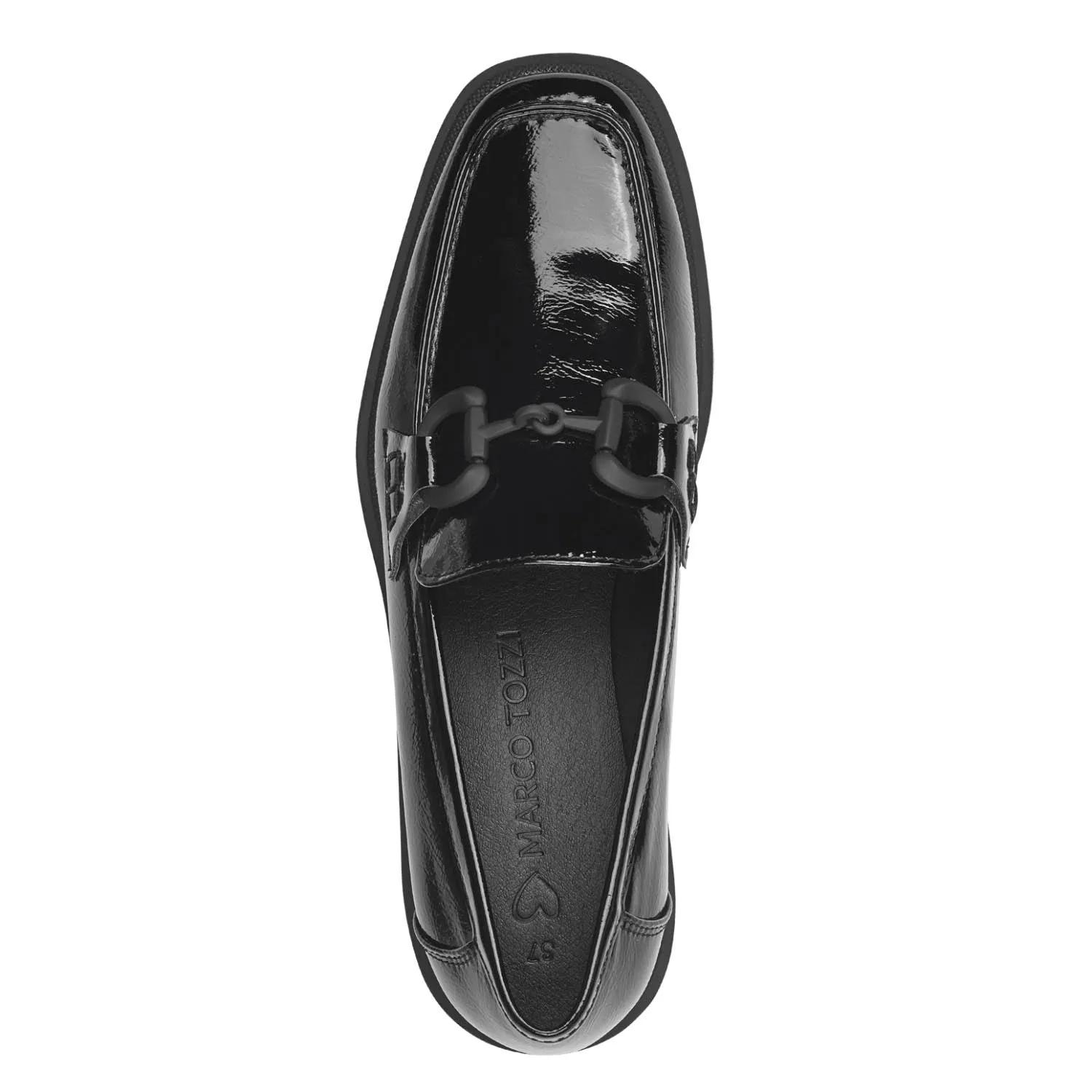 Marco Tozzi Vegan Black Patent Loafers with Chain Detail