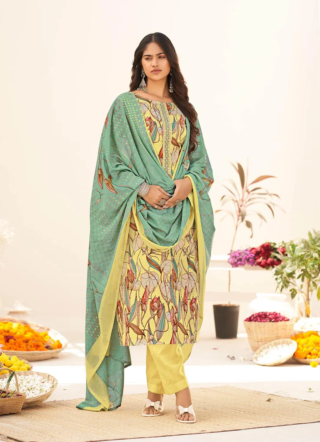 Masakali Unstitched Pure Cambric Cotton Suit Set Yellow