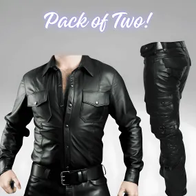 Mens Black Leather Long Sleeve Shirt with Leather Cargo Pants