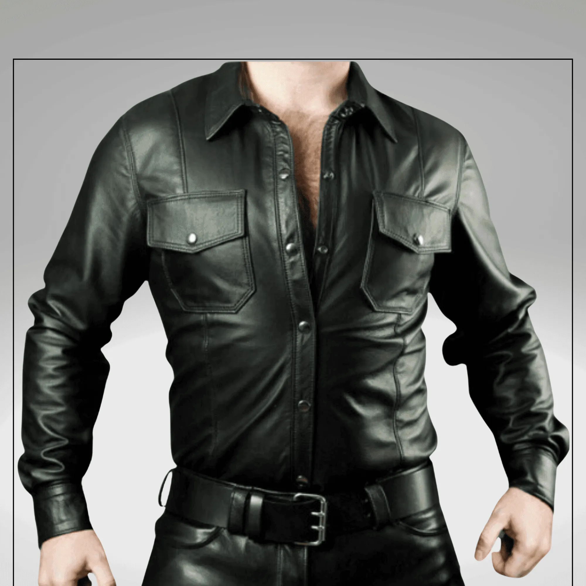 Mens Black Leather Long Sleeve Shirt with Leather Cargo Pants