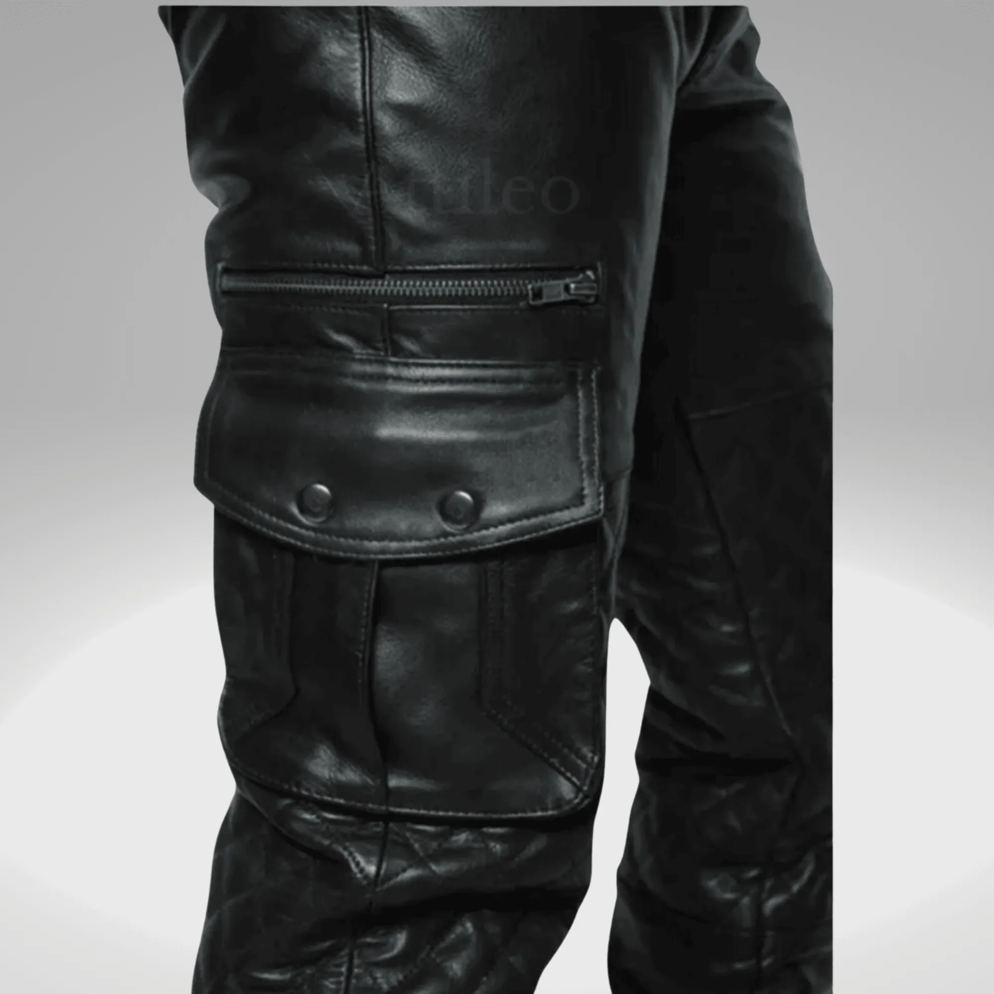 Mens Black Leather Long Sleeve Shirt with Leather Cargo Pants