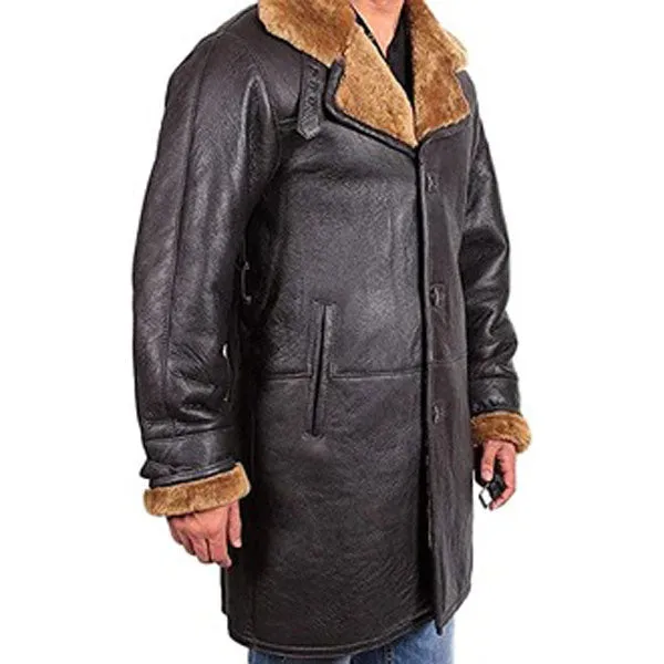 Men's Black Shearling Sheepskin Leather Duffle Trench Coat