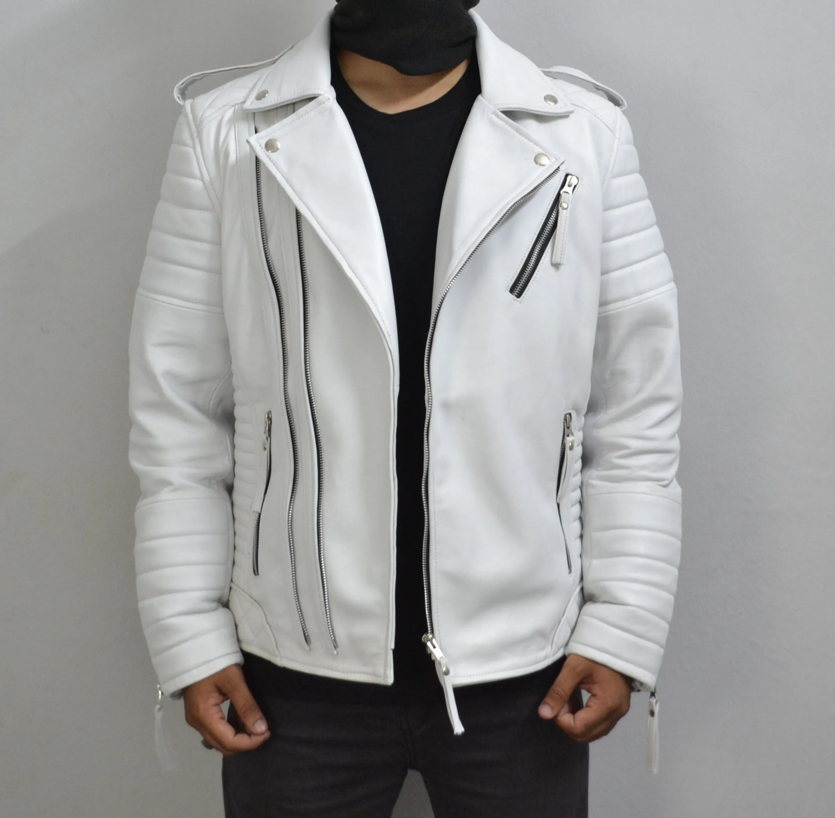 Men's Brando White Motorcycle Genuine Leather Biker Jacket