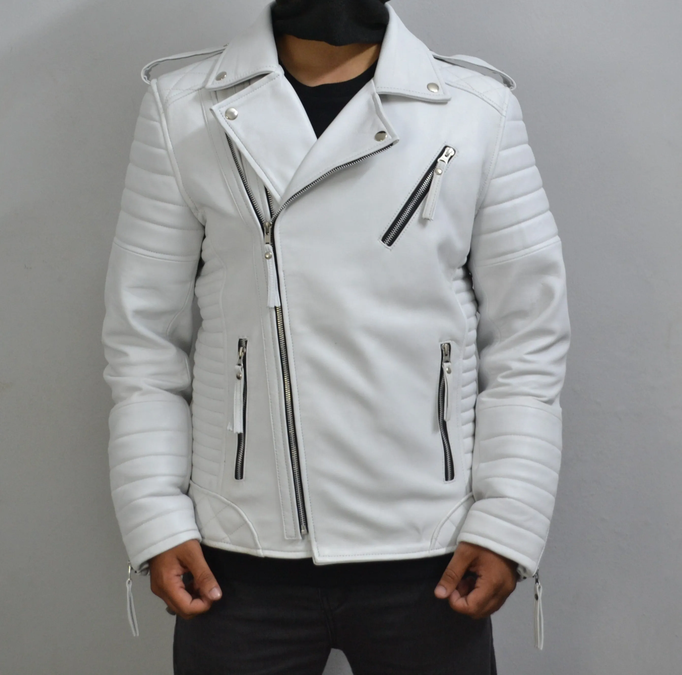 Men's Brando White Motorcycle Genuine Leather Biker Jacket