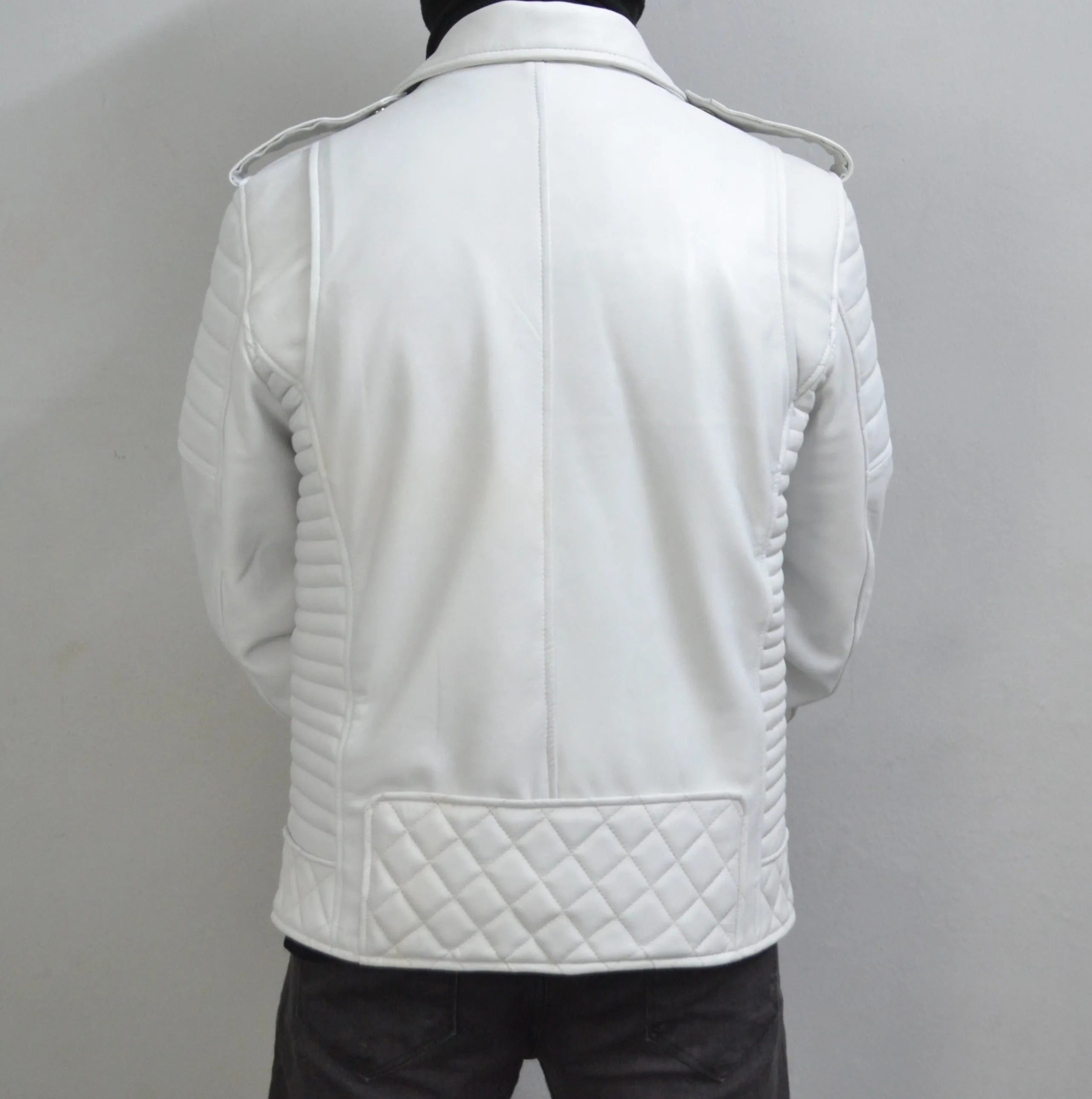 Men's Brando White Motorcycle Genuine Leather Biker Jacket