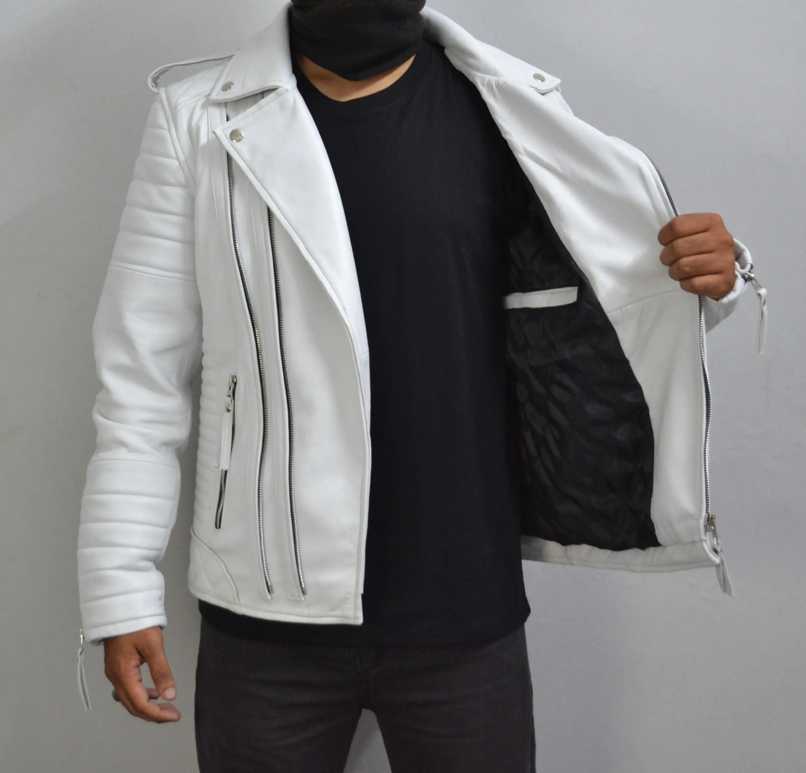 Men's Brando White Motorcycle Genuine Leather Biker Jacket