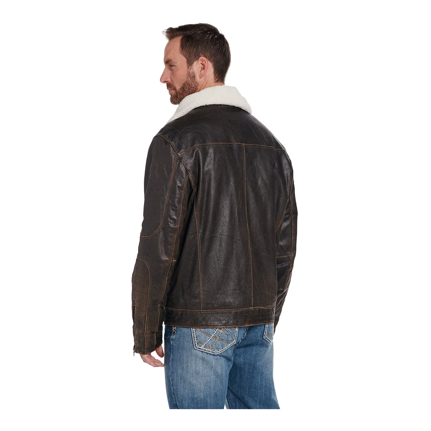 Men's Leather Jacket with White Sherpa Lined Collar