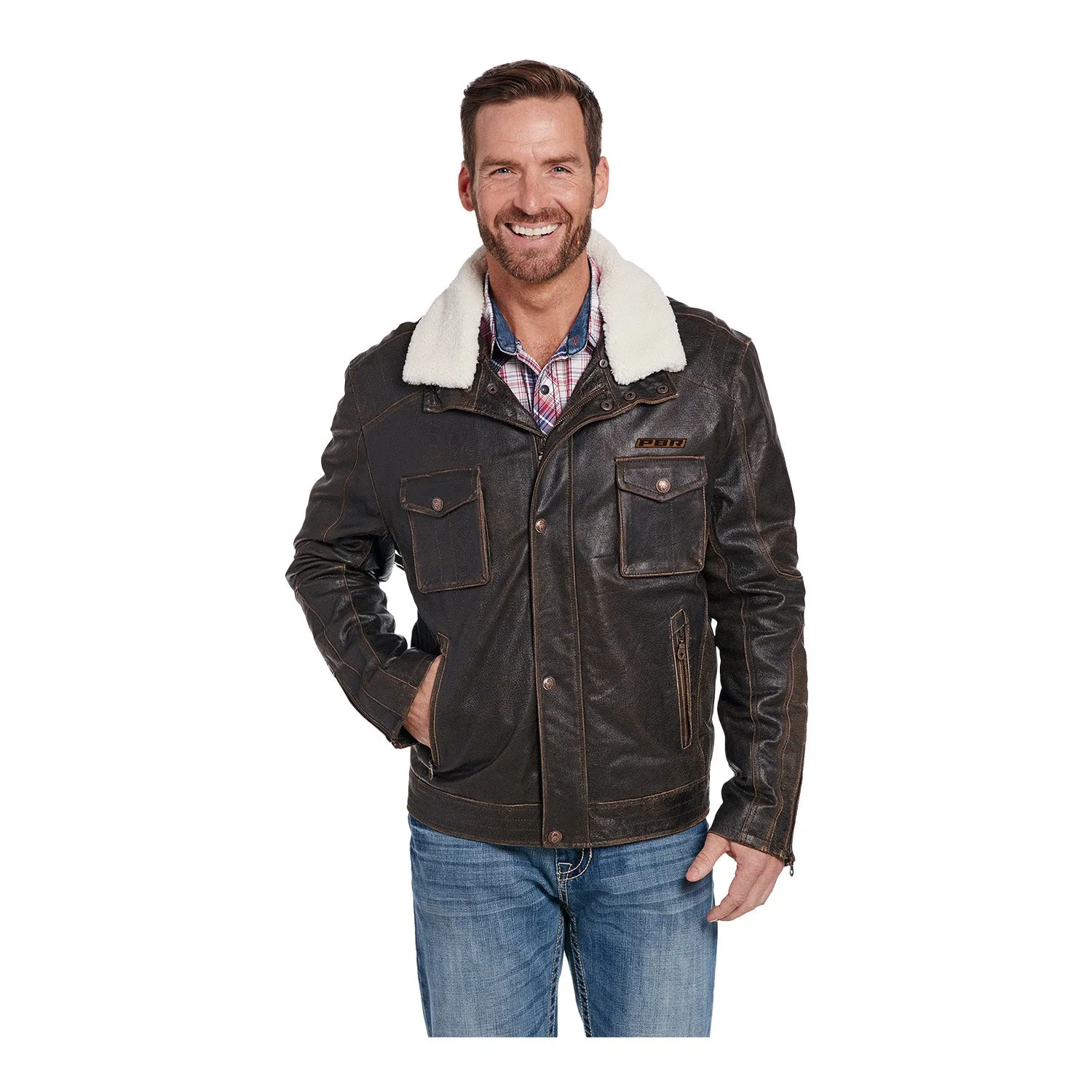 Men's Leather Jacket with White Sherpa Lined Collar