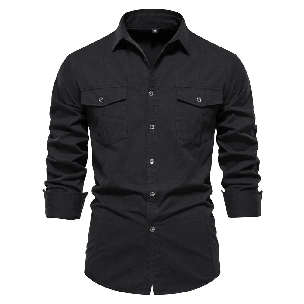 Mens Long Sleeve Dual Pockets Military Shirt