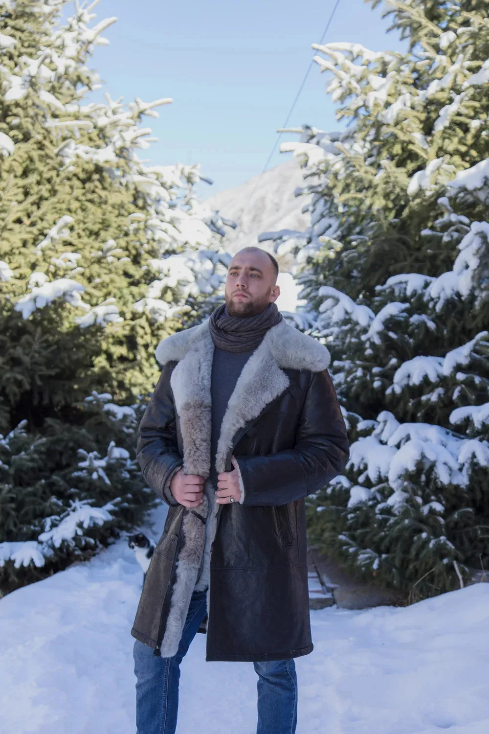 Mens Long Traditional Shearling Sheepskin Coat in Brown Color with light fur