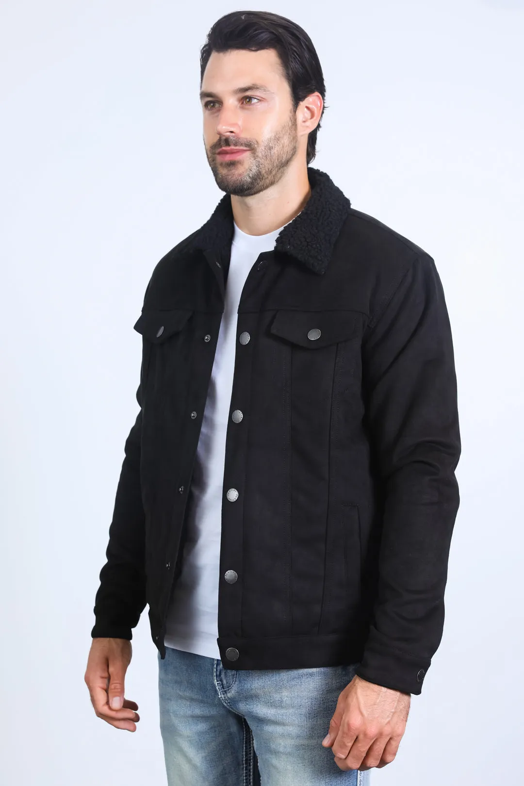 Mens Sherpa Lined Faux Suede Jacket - Black