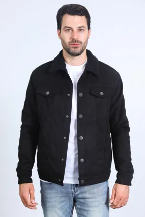 Mens Sherpa Lined Faux Suede Jacket - Black