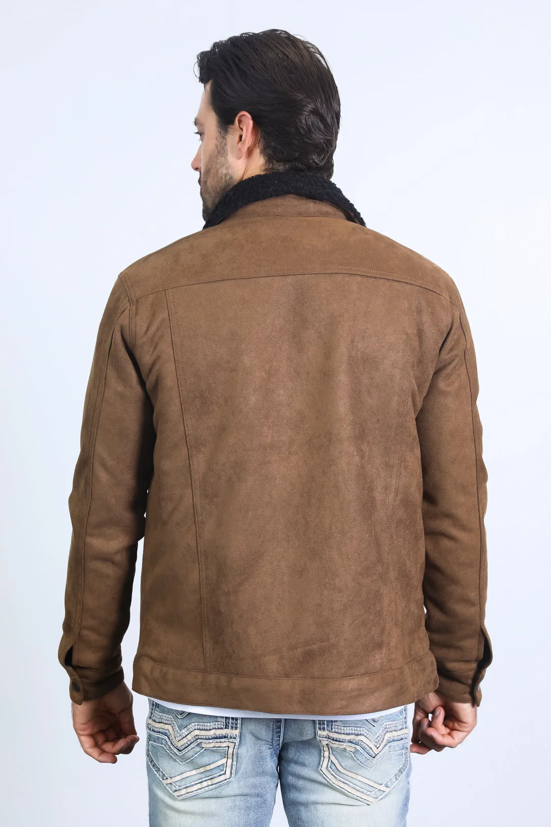 Mens Sherpa Lined Faux Suede Jacket - Brown