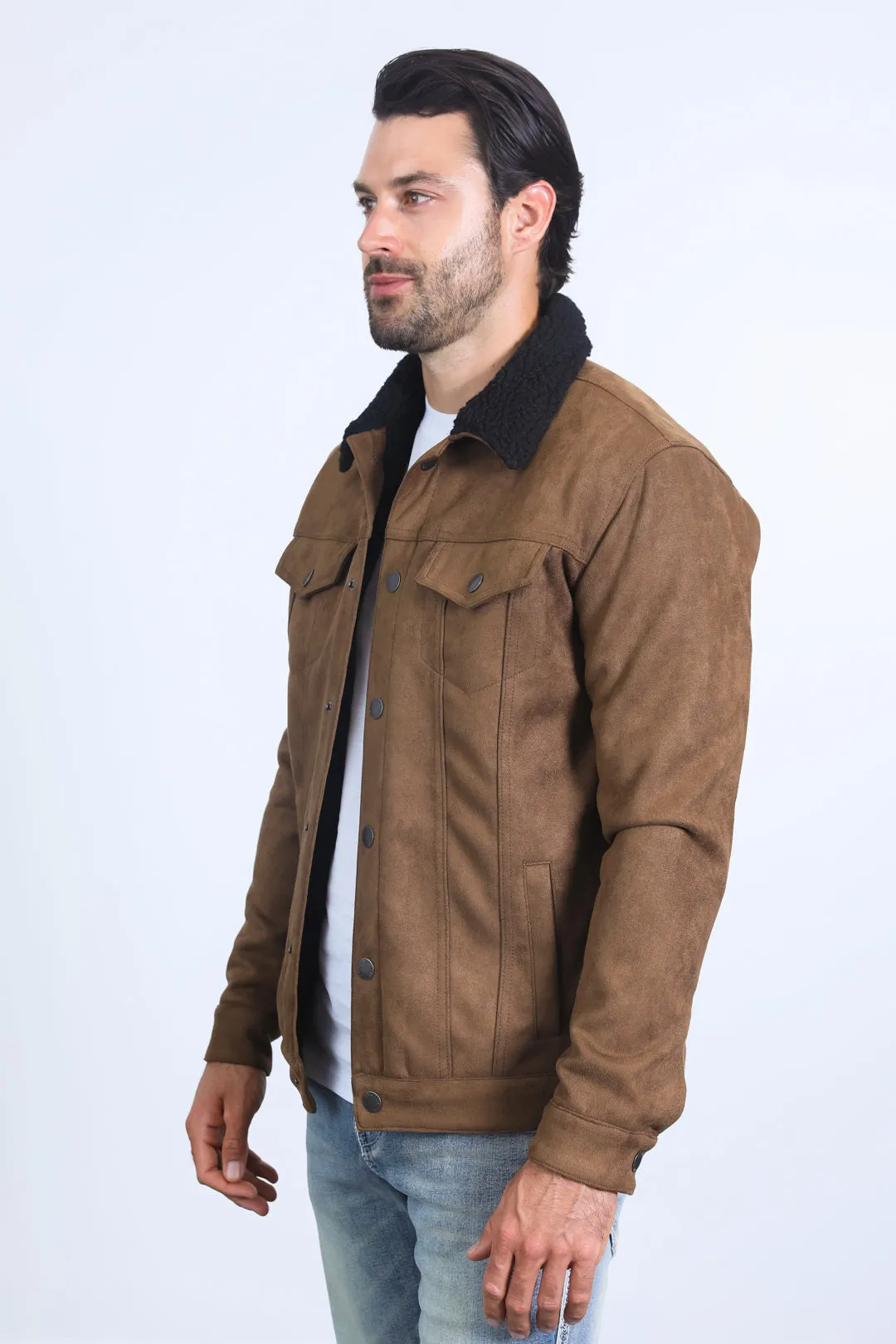 Mens Sherpa Lined Faux Suede Jacket - Brown