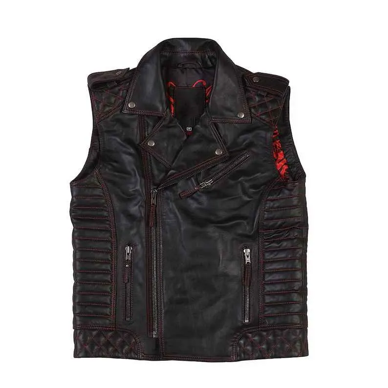 Men's Stylish Lambskin Leather Vest - Fully Quilted with Red Stitching