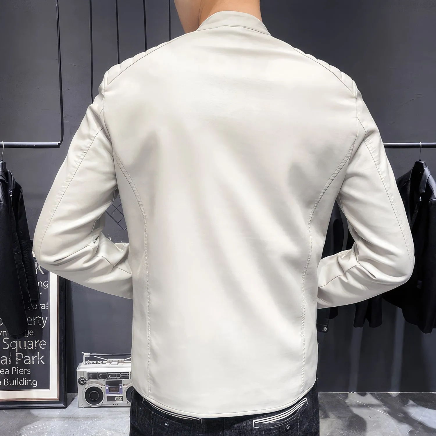 Men’s White Genuine Sheepskin Quilted Shoulders Gentlemen Simple Casual Classic Slim Fit Moto Café Racer Leather Jacket