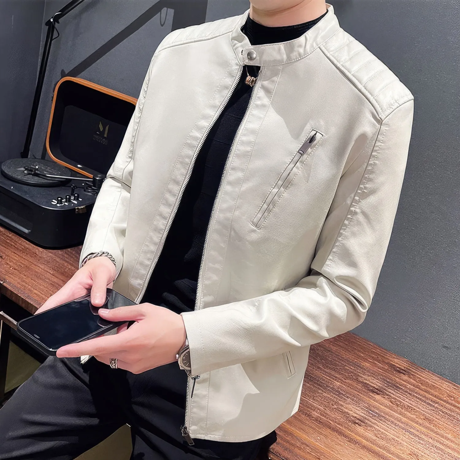 Men’s White Genuine Sheepskin Quilted Shoulders Gentlemen Simple Casual Classic Slim Fit Moto Café Racer Leather Jacket