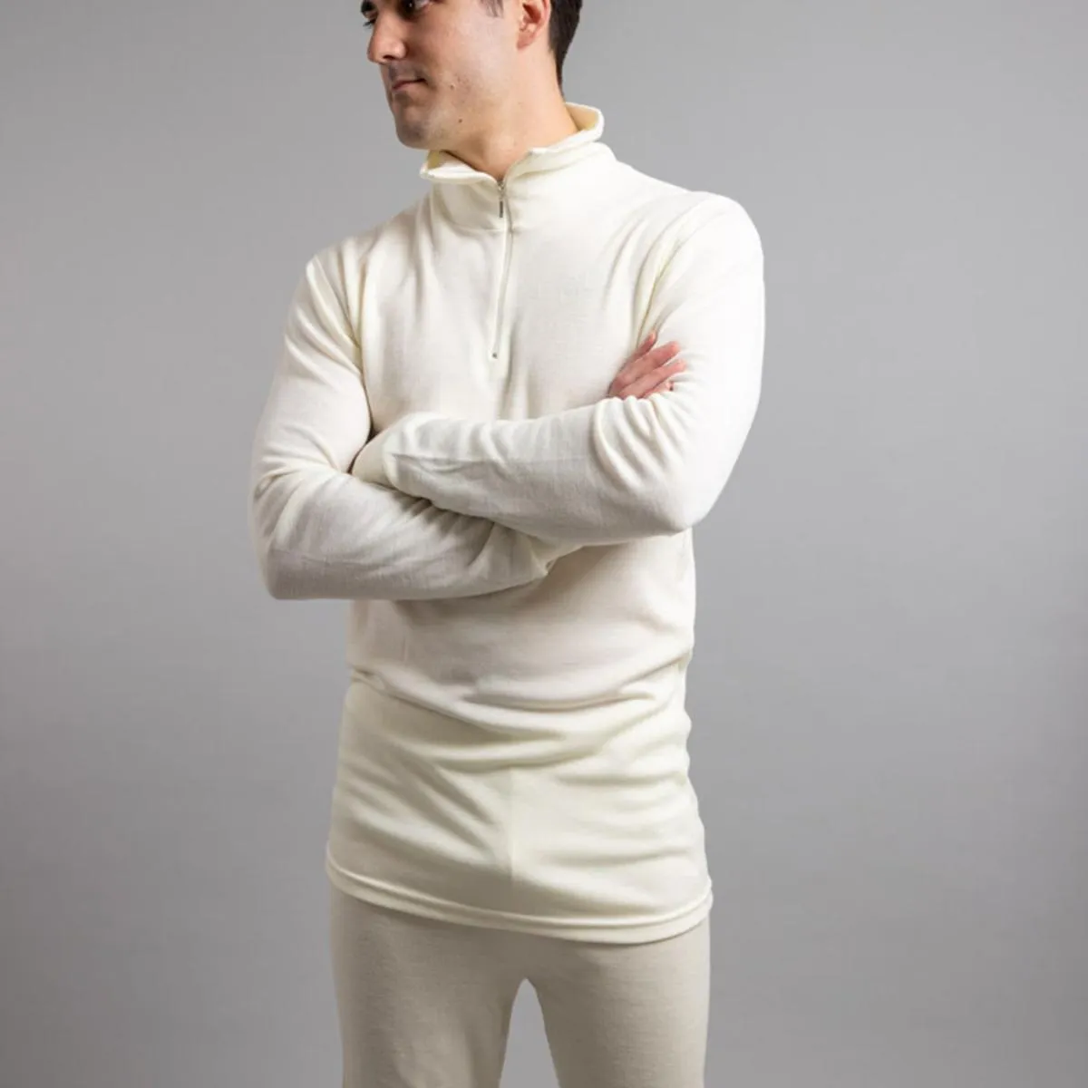 Merino Skins Unisex Long Sleeve Half Zip Front - White