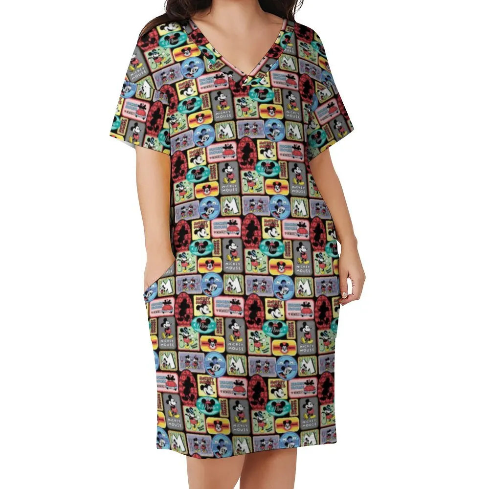 Mickey Stickers Women's V-neck Loose Dress With Pockets