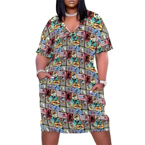 Mickey Stickers Women's V-neck Loose Dress With Pockets