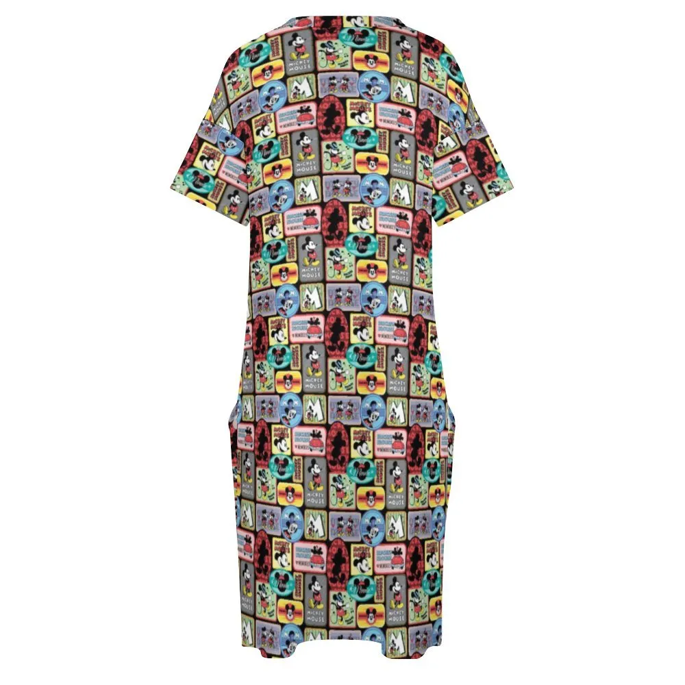 Mickey Stickers Women's V-neck Loose Dress With Pockets