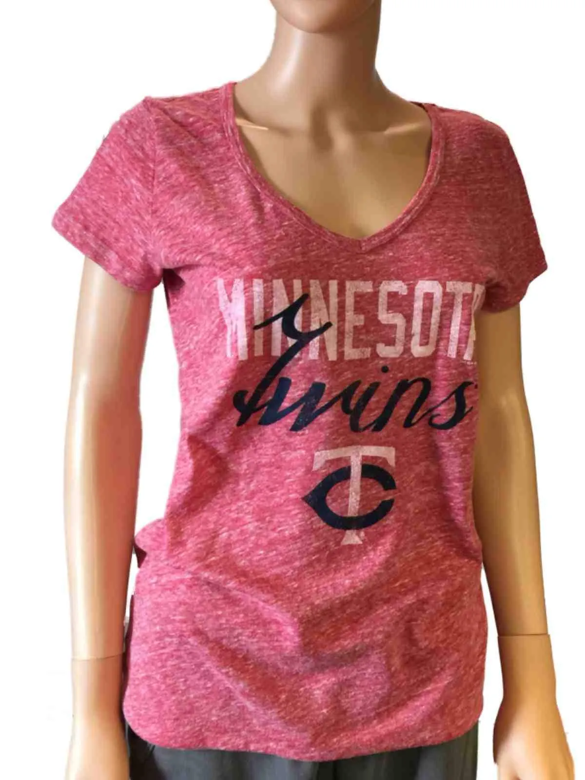 Minnesota Twins SAAG Women Red Loose Soft Baseball V-Neck T-Shirt