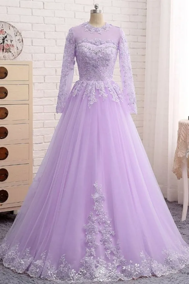 Modest Lilac Tulle Prom 8th Grade Dance Dress with Sleeves,211213