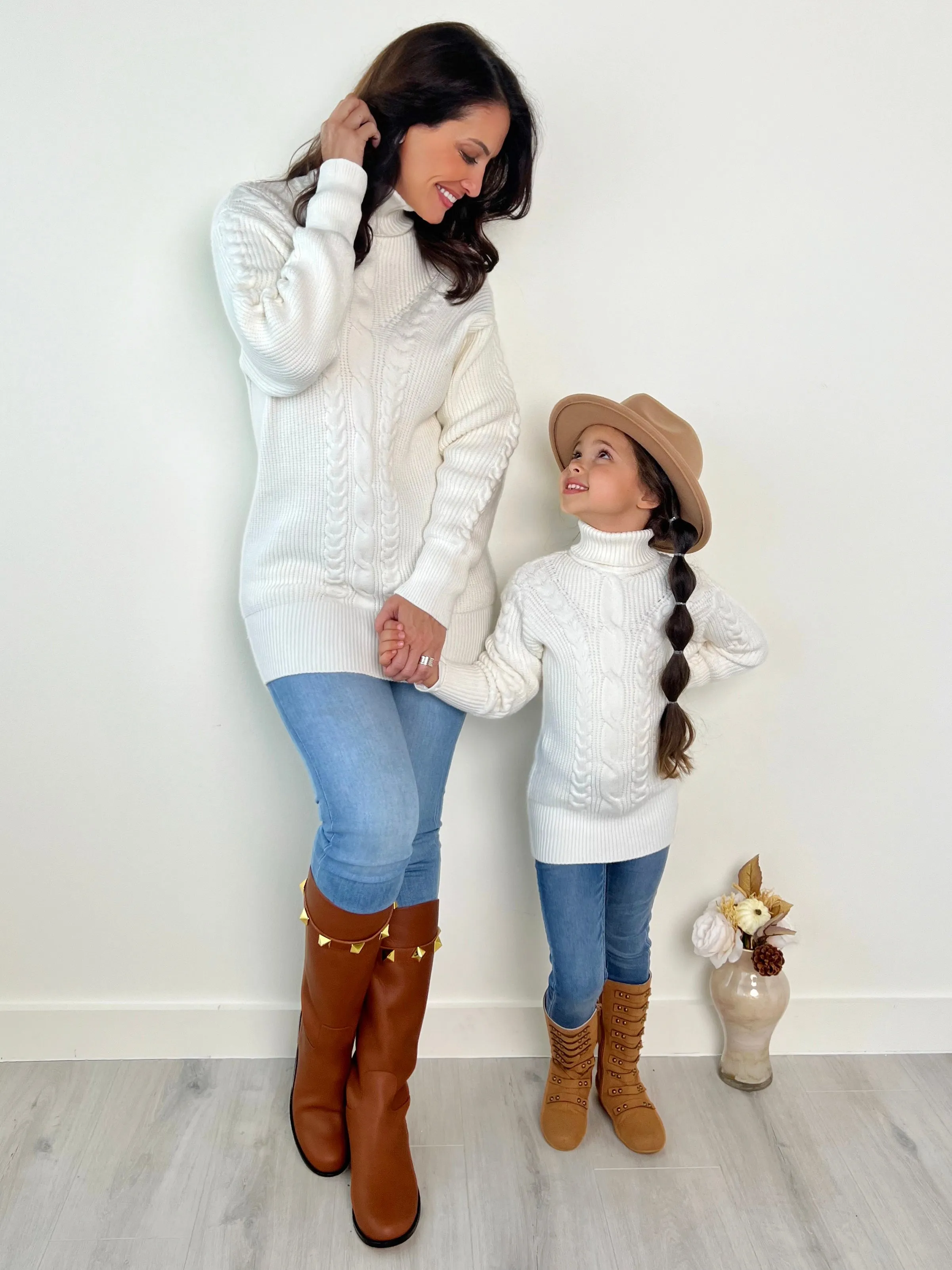 Mommy and Me Cream Oversized Cable Knit Sweater