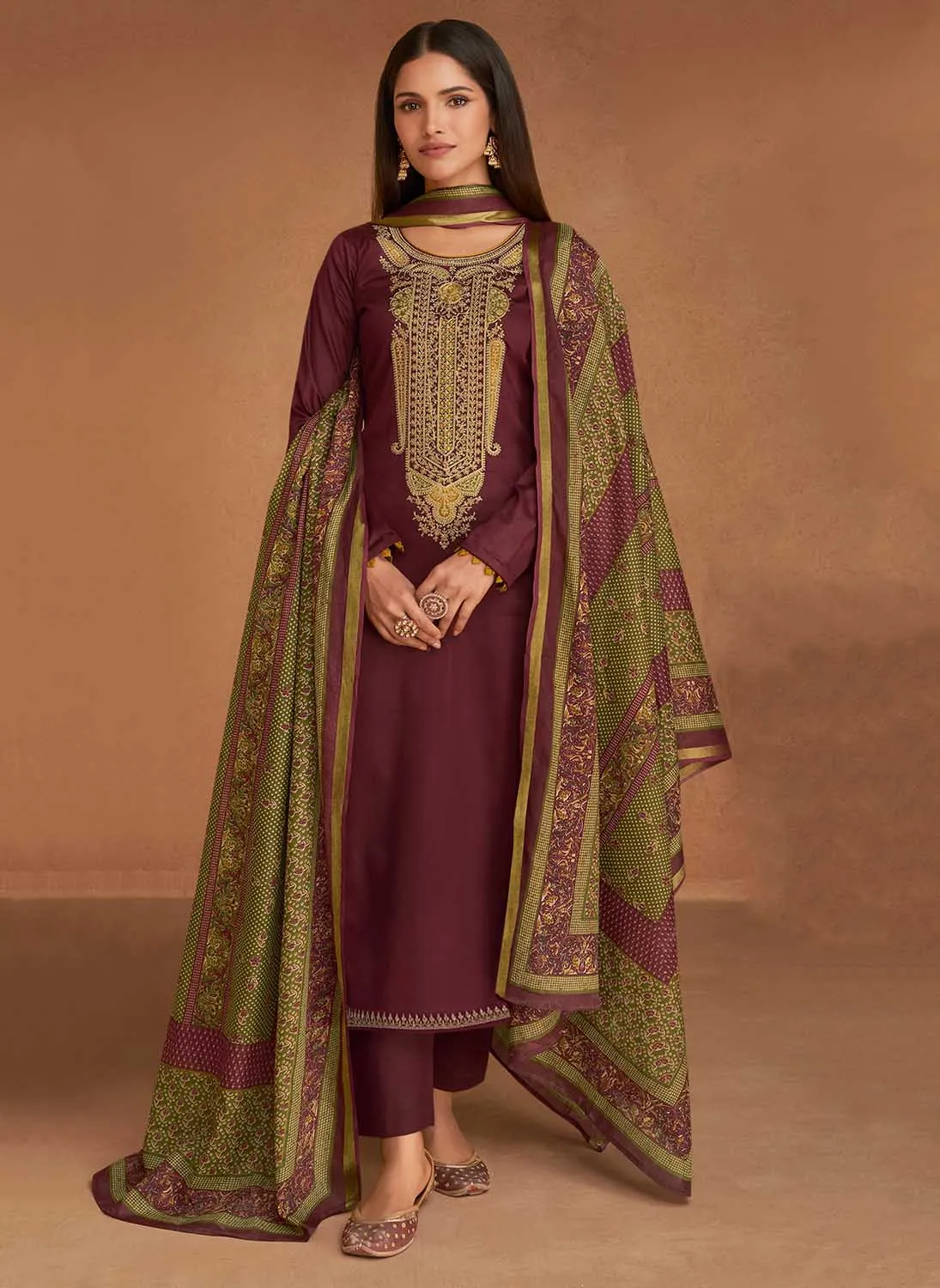 Mumtaz Arts Maroon Unstitched Pure Cotton Satin Suit Dress Material