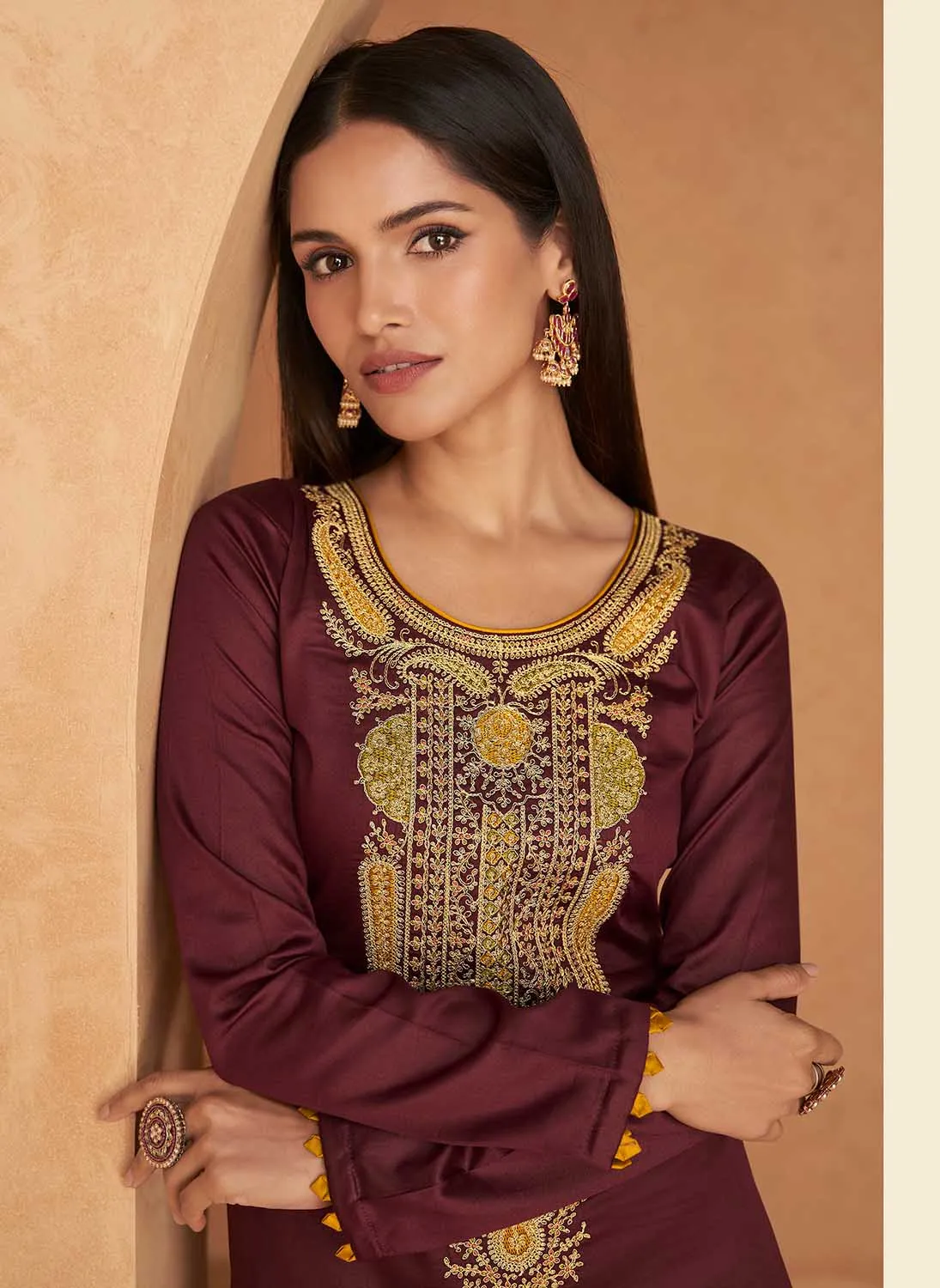 Mumtaz Arts Maroon Unstitched Pure Cotton Satin Suit Dress Material