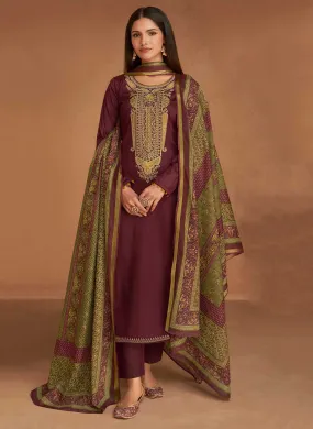 Mumtaz Arts Maroon Unstitched Pure Cotton Satin Suit Dress Material