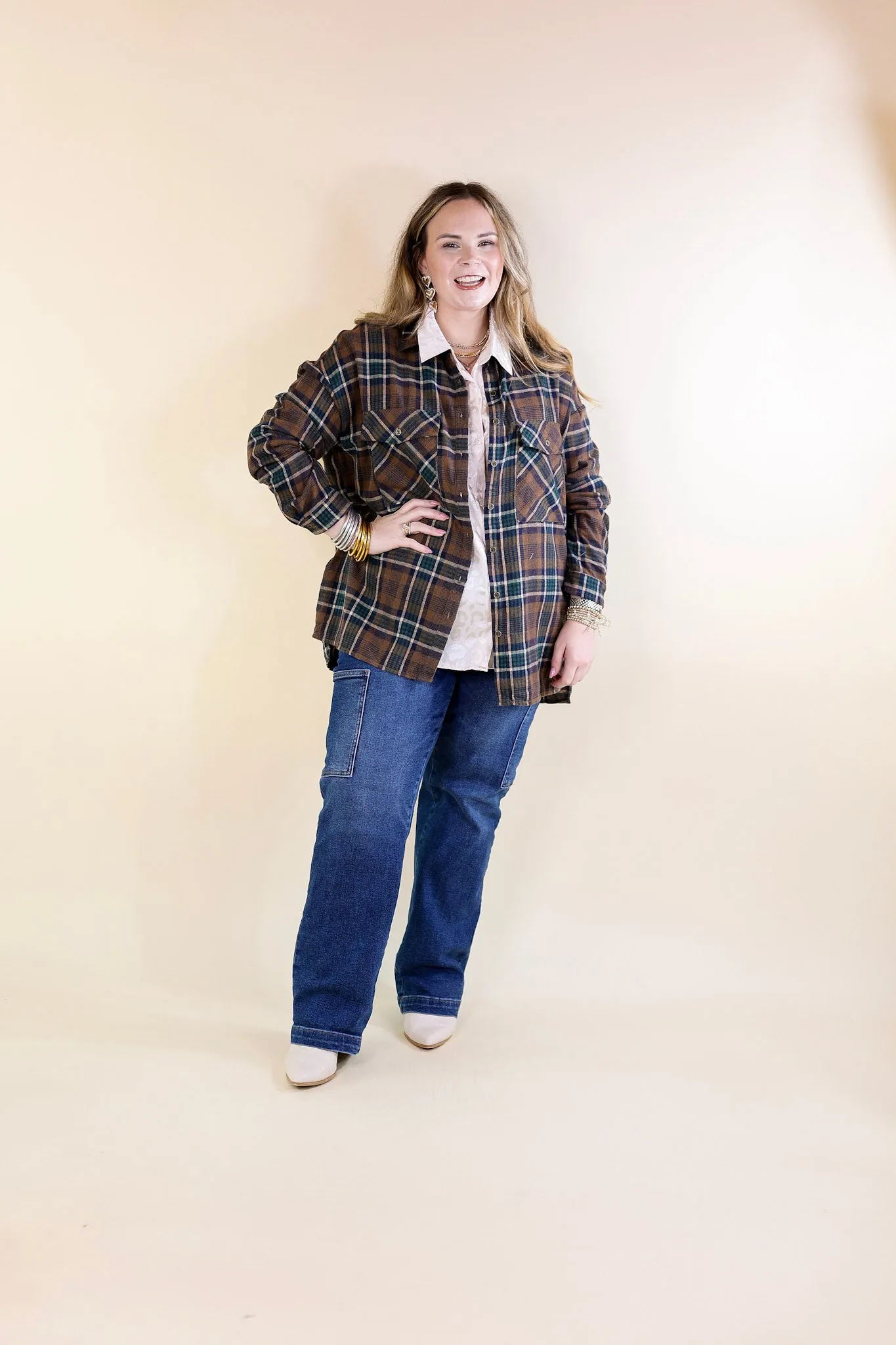 My Next Move Button Up Plaid Flannel Top in Mocha Brown