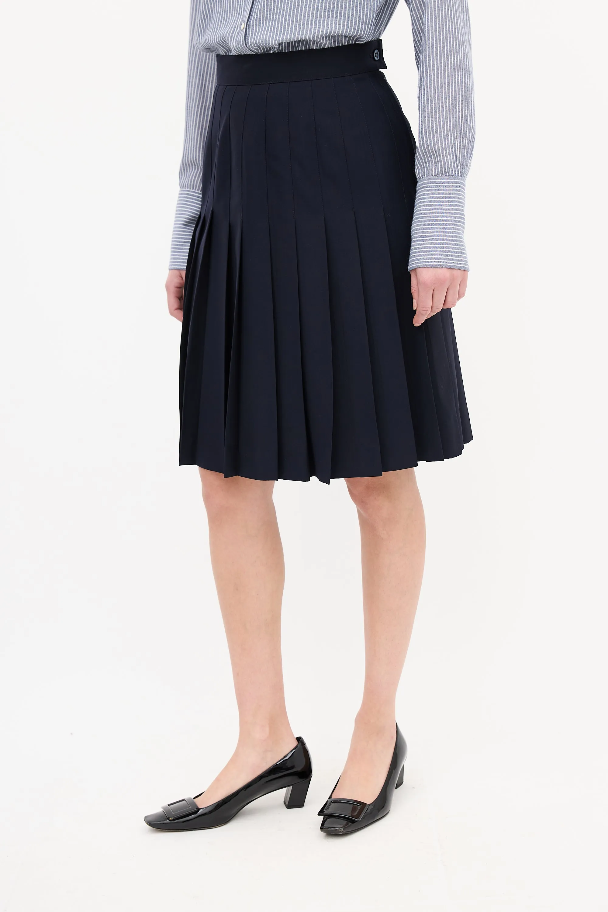 Navy Wool Pleated Midi Skirt