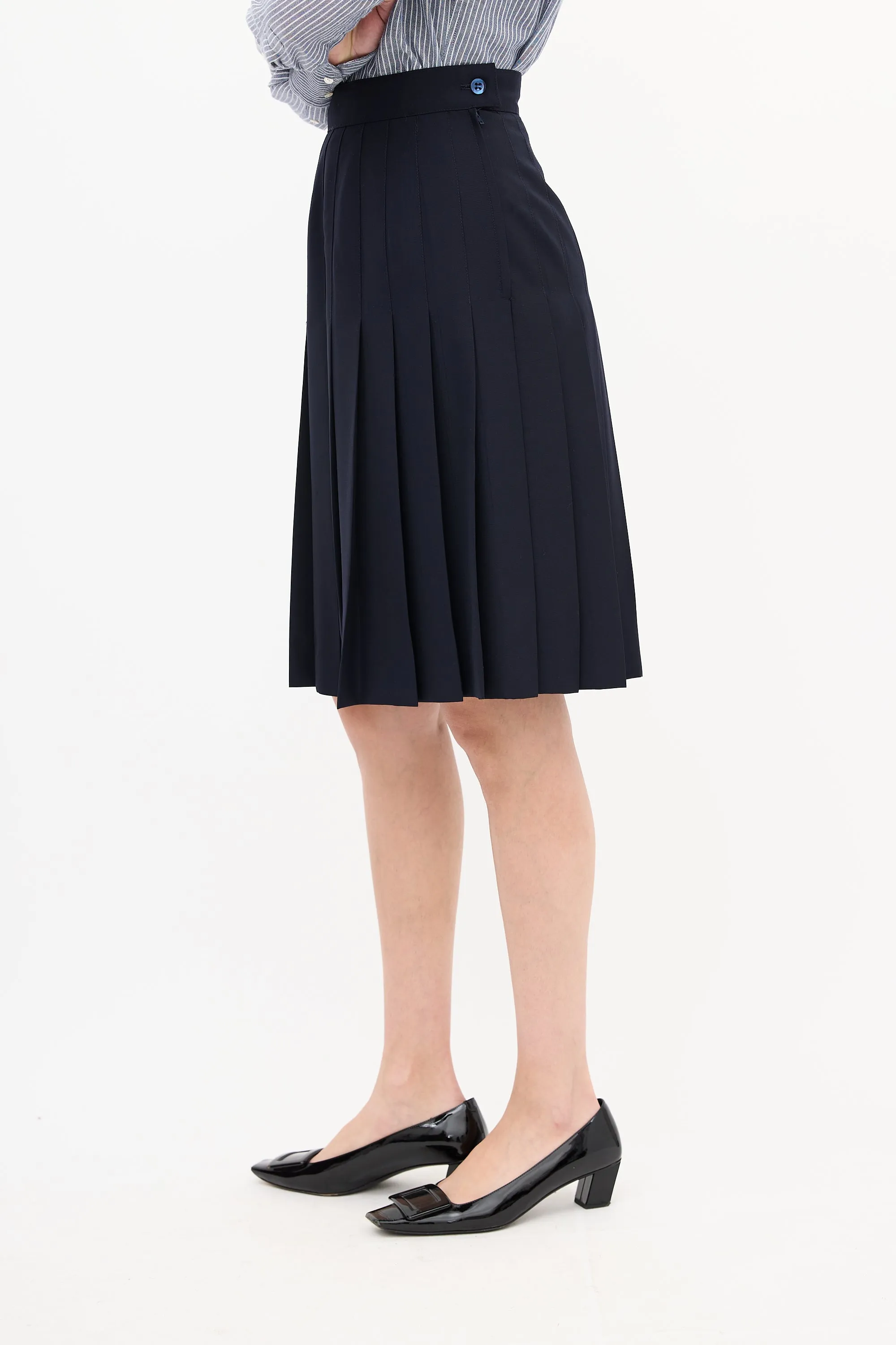 Navy Wool Pleated Midi Skirt