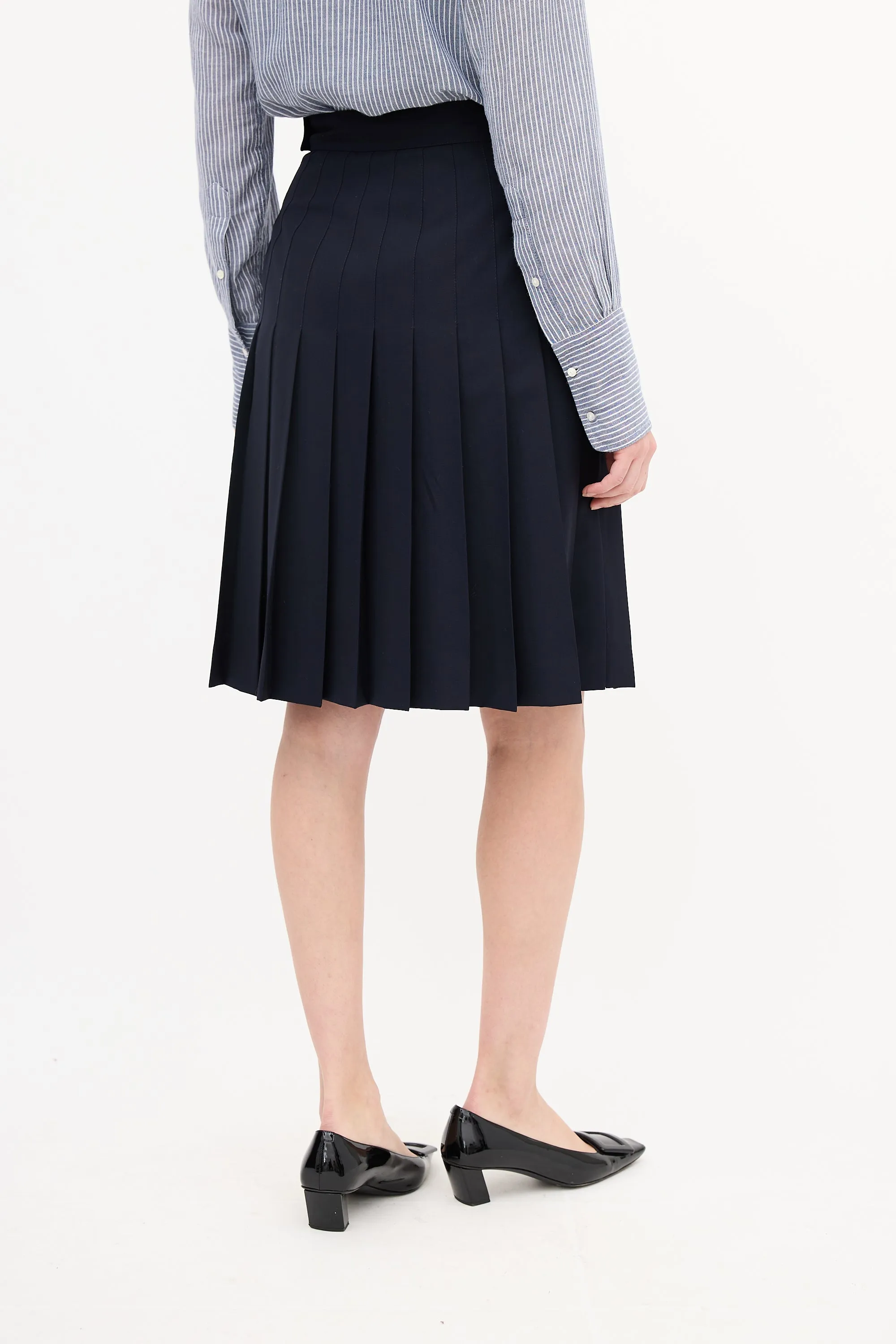 Navy Wool Pleated Midi Skirt