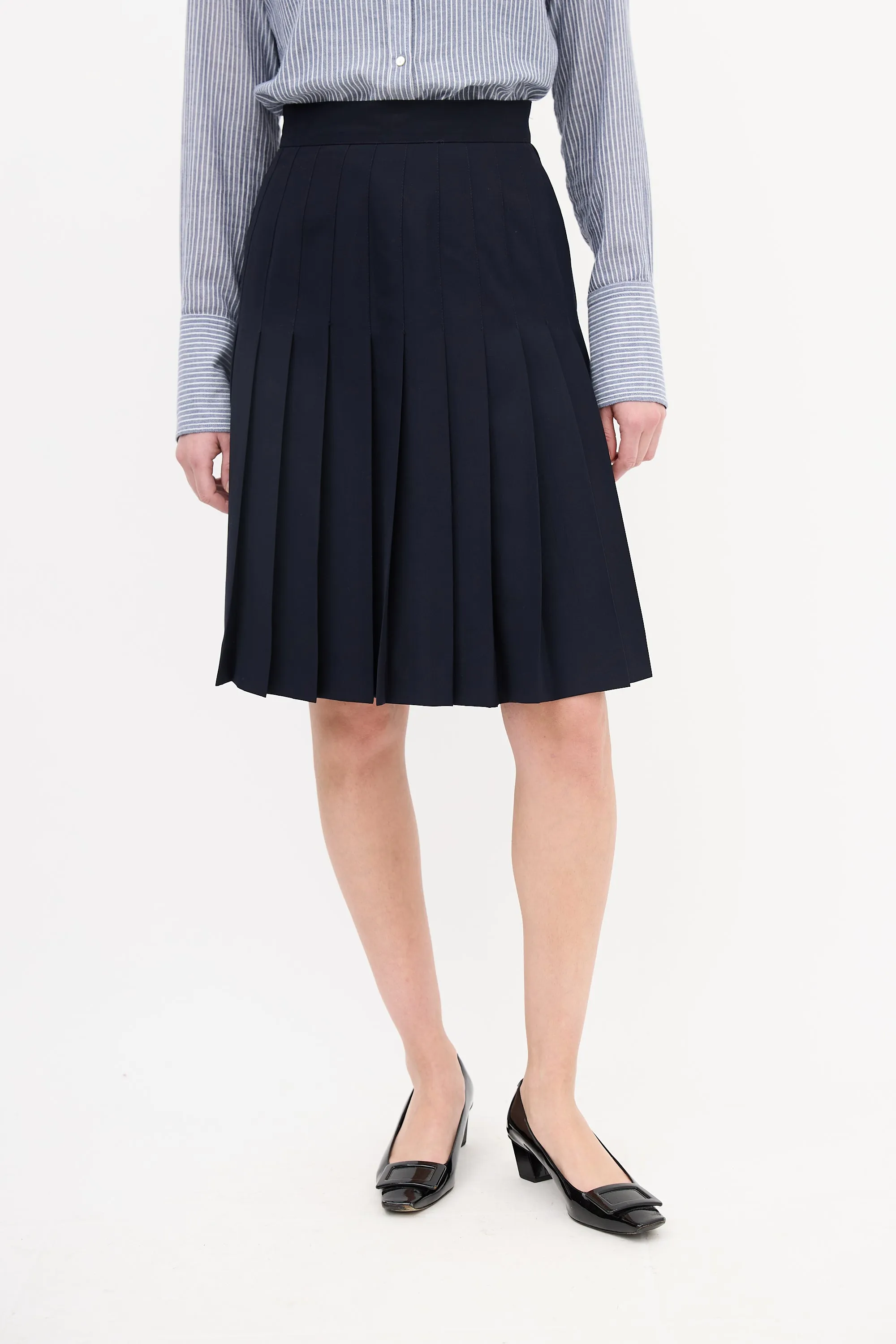 Navy Wool Pleated Midi Skirt