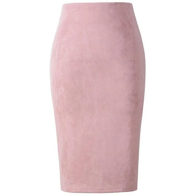 Neophil 2020 Summer Women Suede Midi Pencil Skirt High Waist Gray Pink XXL Sexy Style Stretch Wrap Ladies Office Work Saia S1009