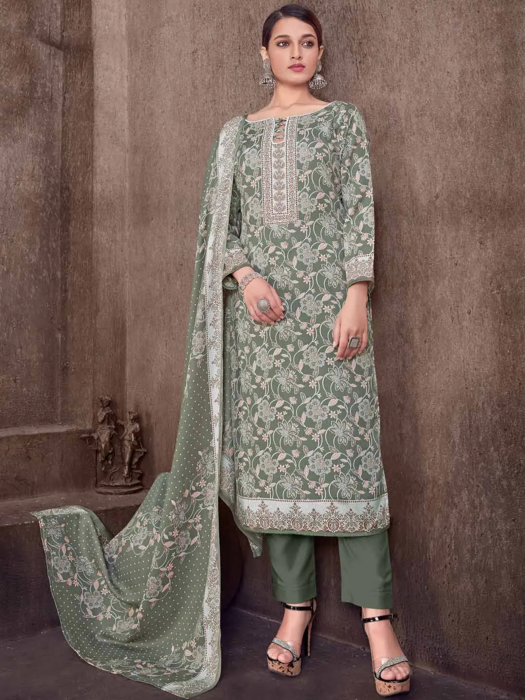 Olive Green Wool Pashmina Printed Unstitched Winter Suit