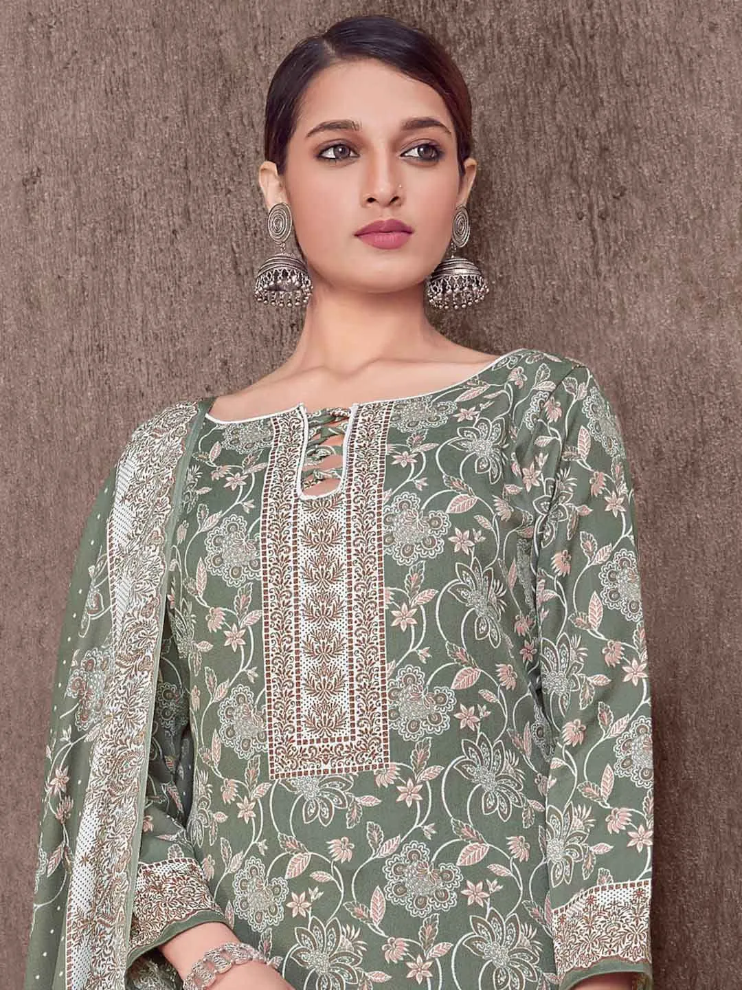 Olive Green Wool Pashmina Printed Unstitched Winter Suit