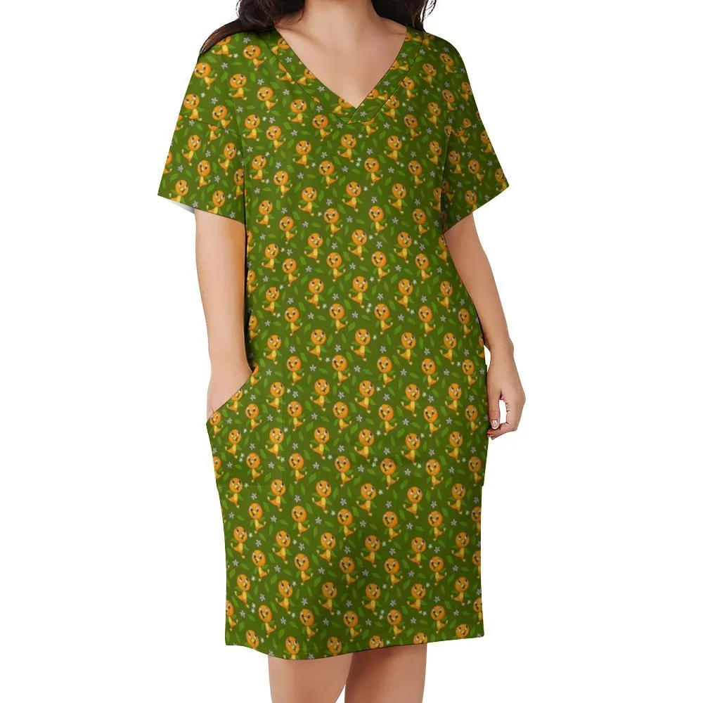 Orange Bird Women's V-neck Loose Dress With Pockets