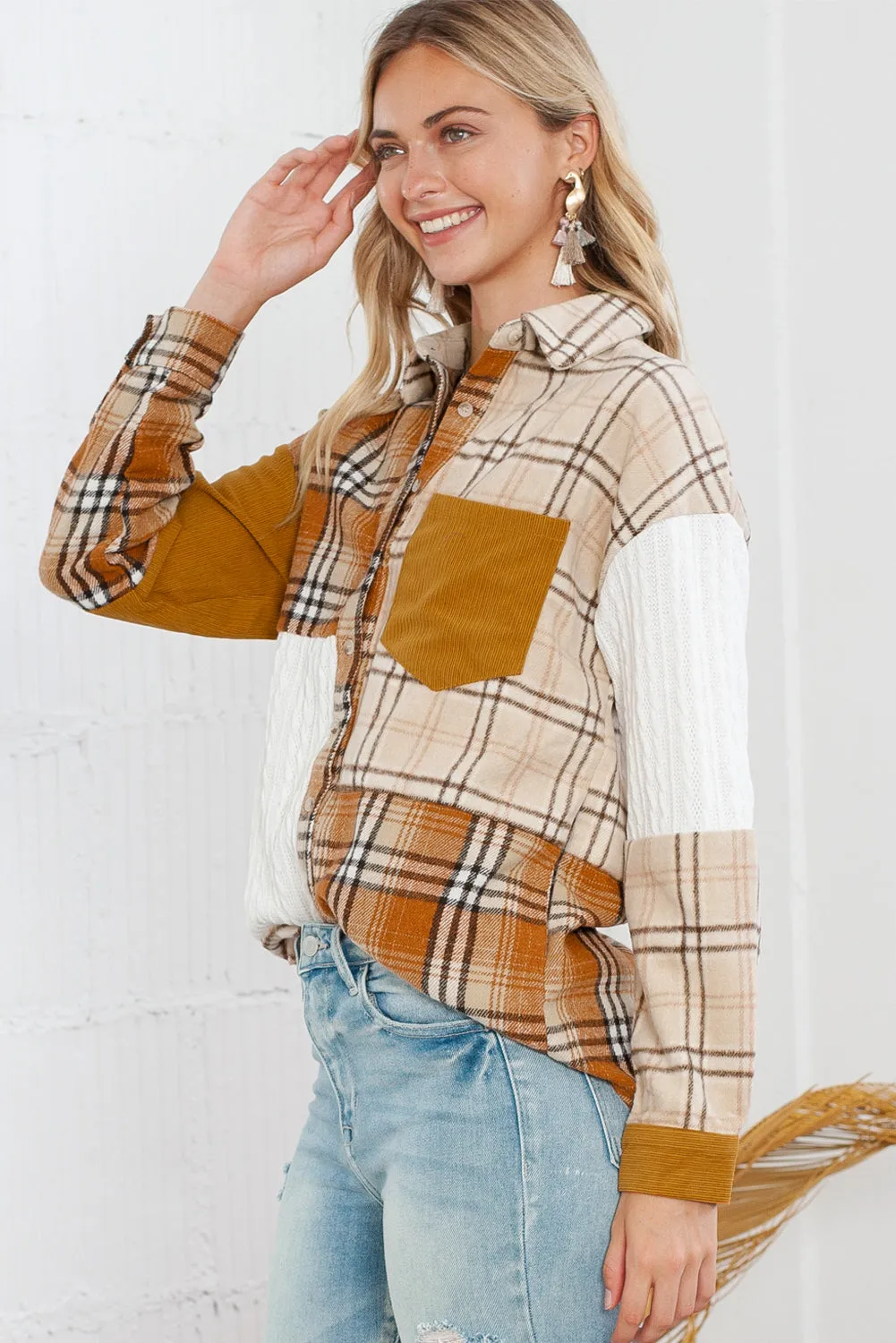 Orange Plaid Color Block Patchwork Pocket Shirt Shacket