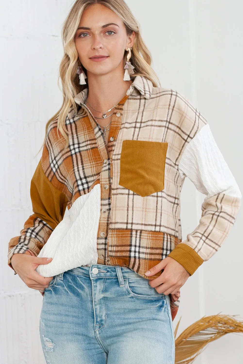 Orange Plaid Color Block Patchwork Pocket Shirt Shacket