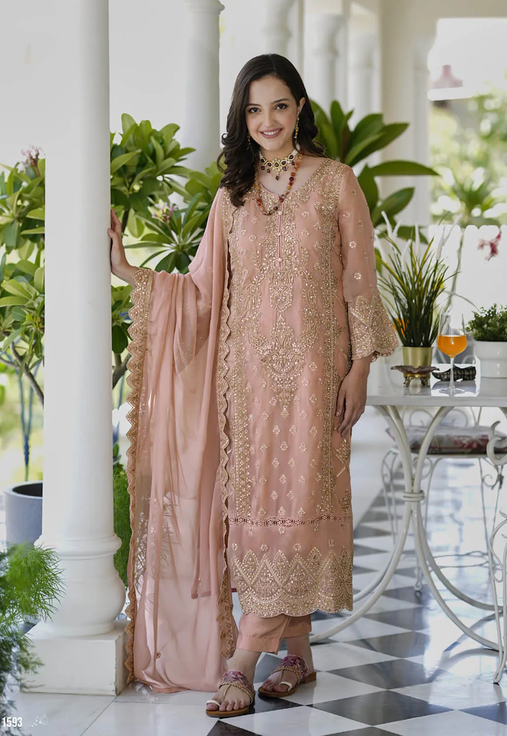 Party Wear Peach Organza Semi Stitched Salwar Suit with Embroidery