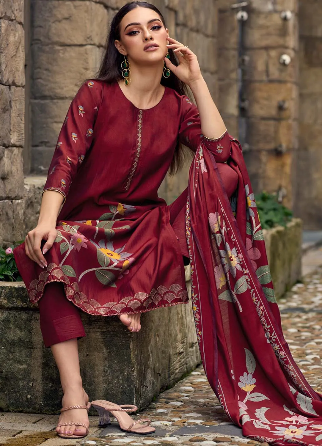 Party Wear Pure Muslin Unstitched Printed Women Salwar Suit Red