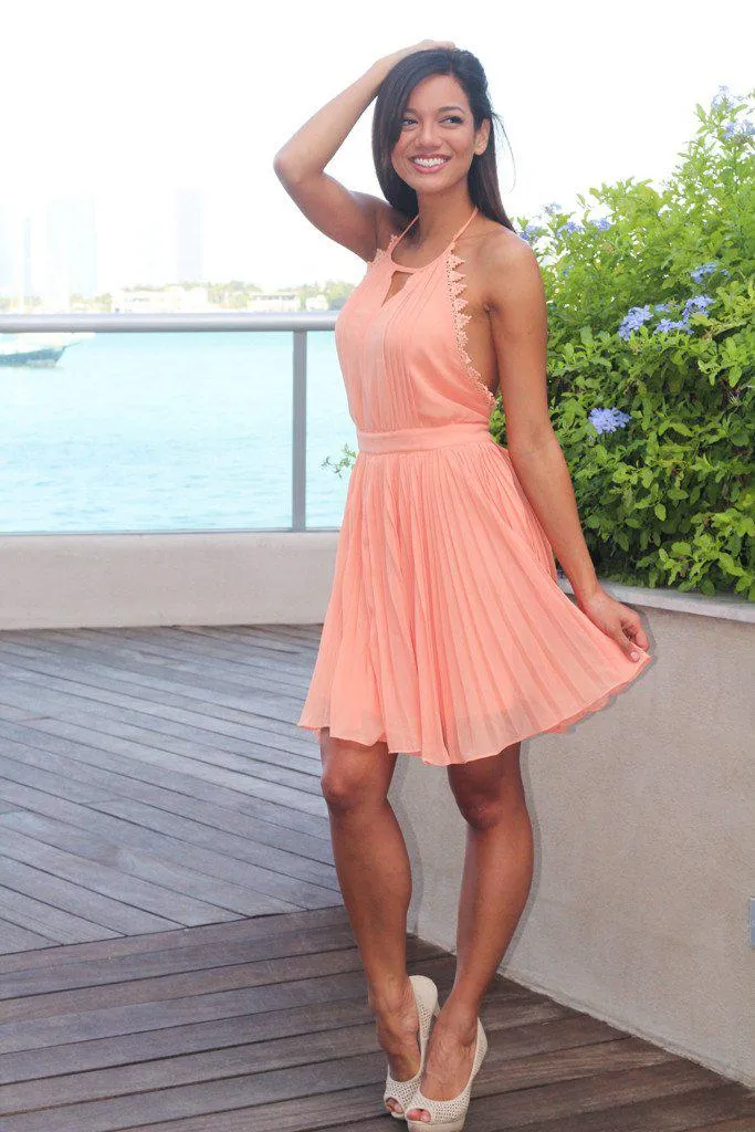 Peach Pleated Dress with Open Back