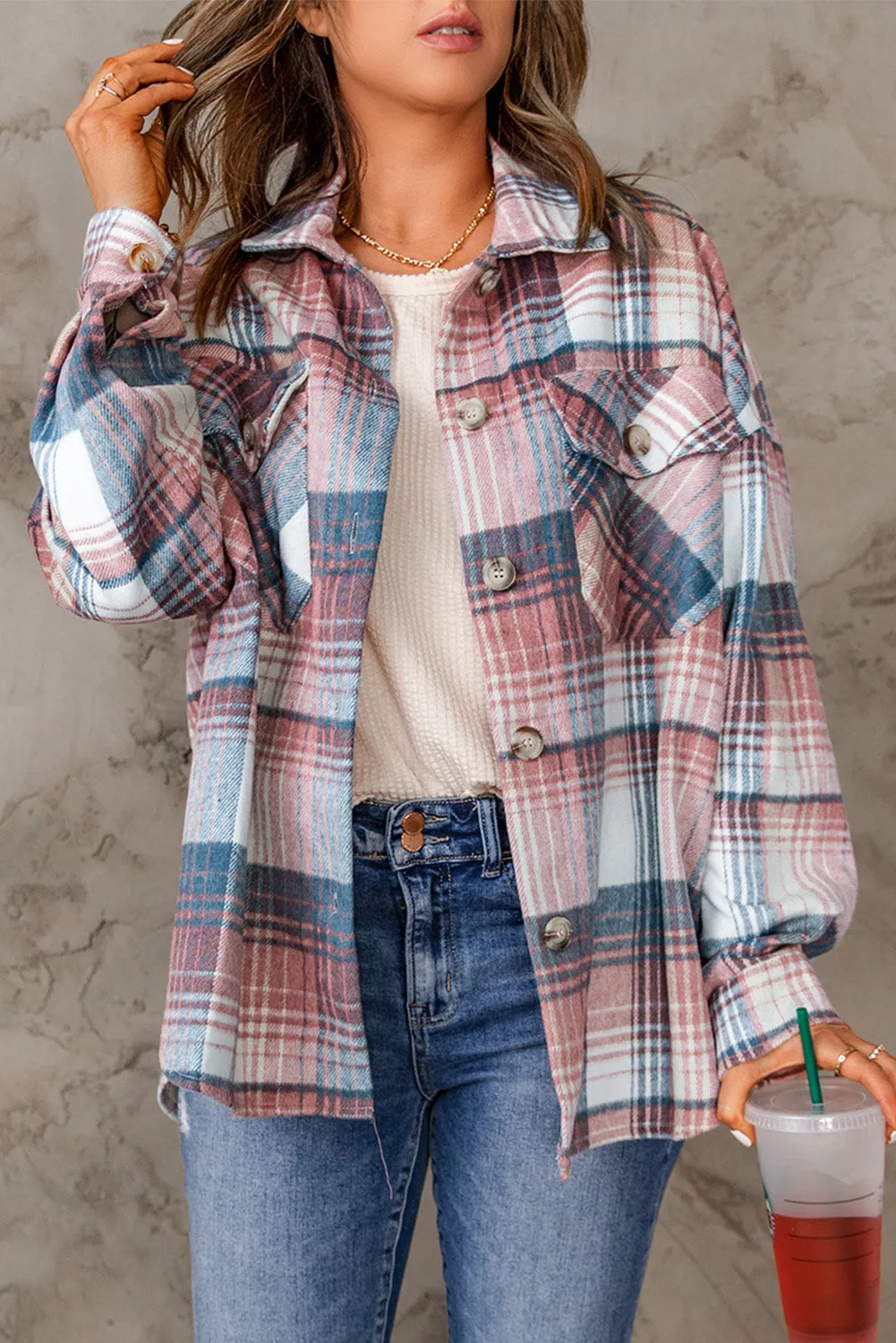 Pink & Grey Plaid Button Up Collared Flannel Shacket