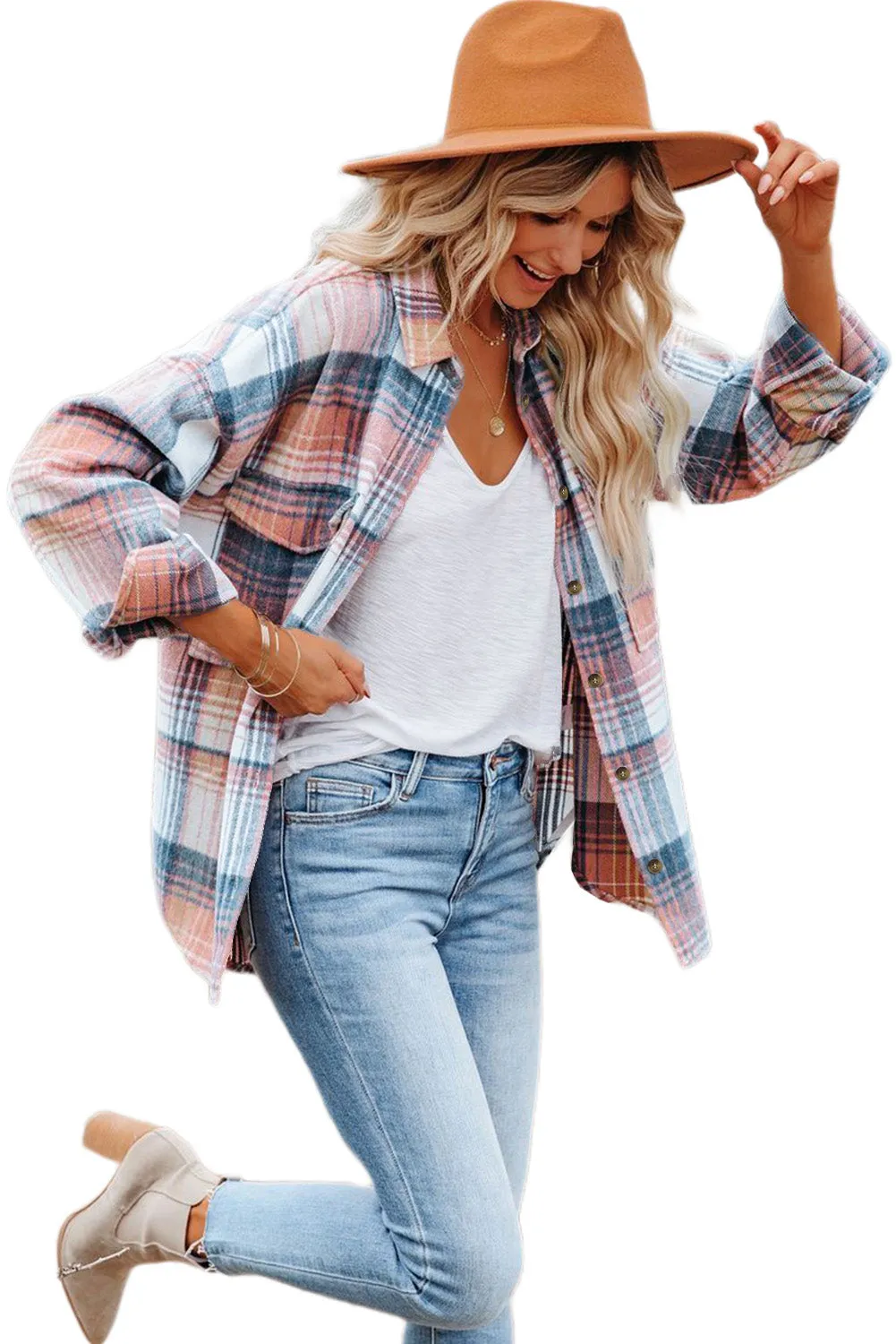 Pink & Grey Plaid Button Up Collared Flannel Shacket