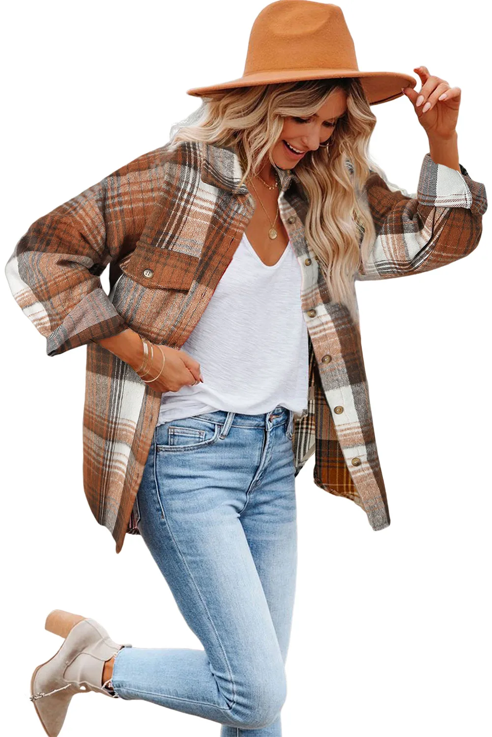 Pink & Grey Plaid Button Up Collared Flannel Shacket